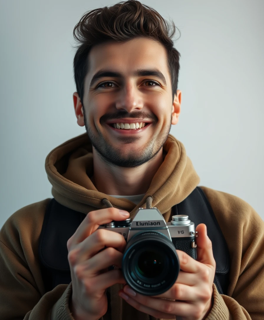 Portrait of Luca Luminous, smiling and holding a camera